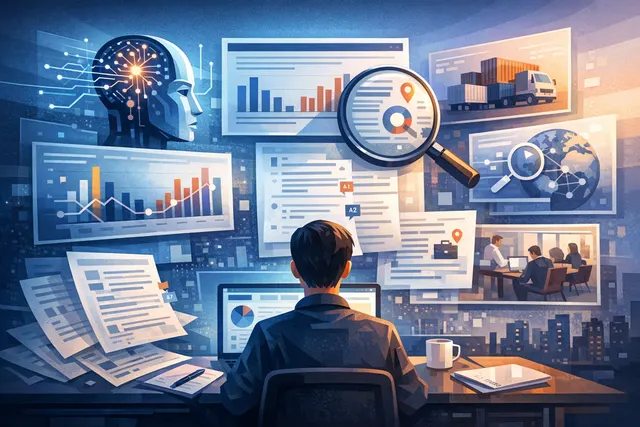 AI-generated editorial hero image showing a futuristic competitive analysis dashboard with data charts and strategy radar