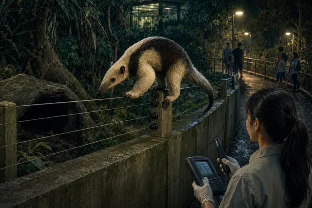 Illustration of a lesser anteater escaping a zoo enclosure by climbing a banana tree toward artificial rocks