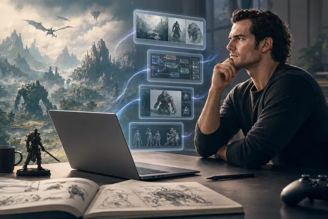 Conceptual illustration for Googlebook laptops and Henry Cavill’s planned video game project
