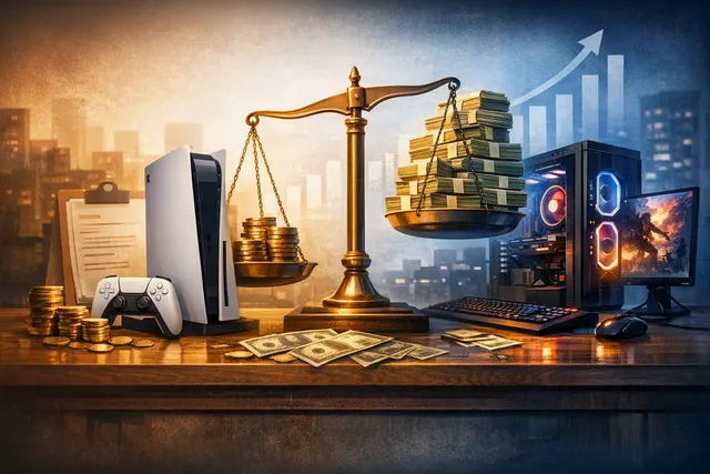 PS5 console and controller on a desk next to a gaming PC monitor, representing the price comparison debate between consoles and high-end gaming PCs in 2026