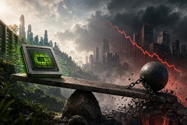 Editorial illustration representing Nvidia, AI infrastructure investment and rising credit risk