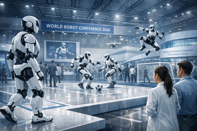 Editorial illustration of humanoid robots competing on a track beside a modern robotics conference display