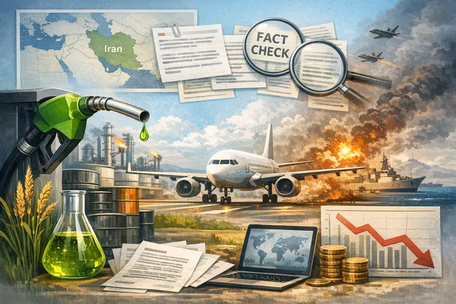 Conceptual illustration of a jet airplane silhouette against a split background showing oil drilling infrastructure and a green biofuel leaf, representing the competition between c