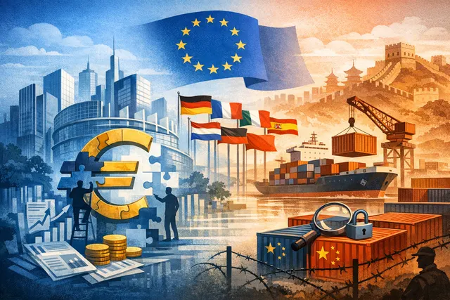 European Union flag waving beside a stylized industrial factory skyline with a financial graph overlay, illustrating the EU's dual strategy of financial integration and industrial