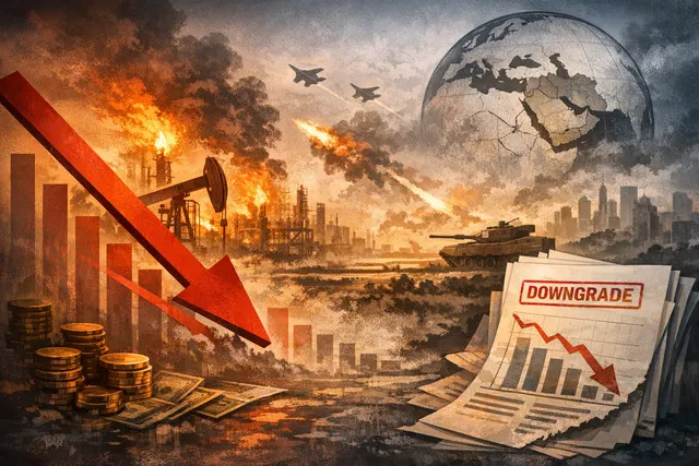 A divided globe illustration showing economic downturn on one side with falling red arrows and oil barrels, and technological growth on the other with AI chip patterns, capturing F