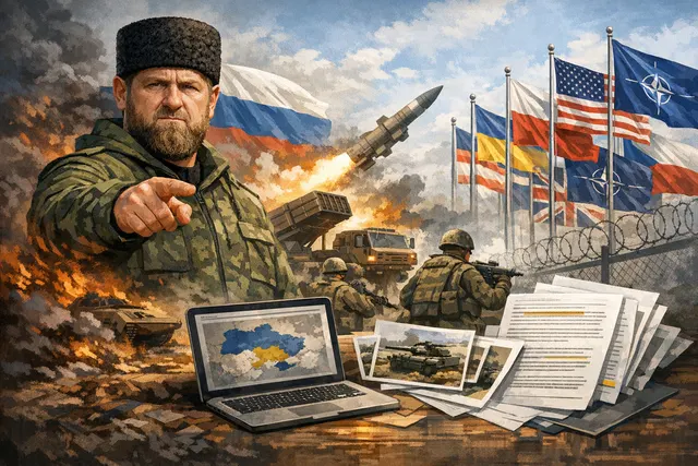 An AI-generated editorial illustration representing the confrontation between Chechen leader Ramzan Kadyrov and NATO, with military and geopolitical symbols.