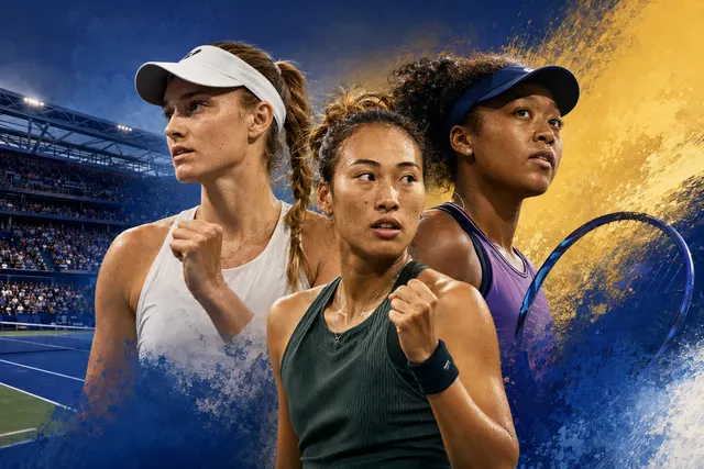 AI-generated editorial illustration for the US Open women’s quarterfinal story featuring Elena Rybakina, Naomi Osaka, Qinwen Zheng and Iga Swiatek