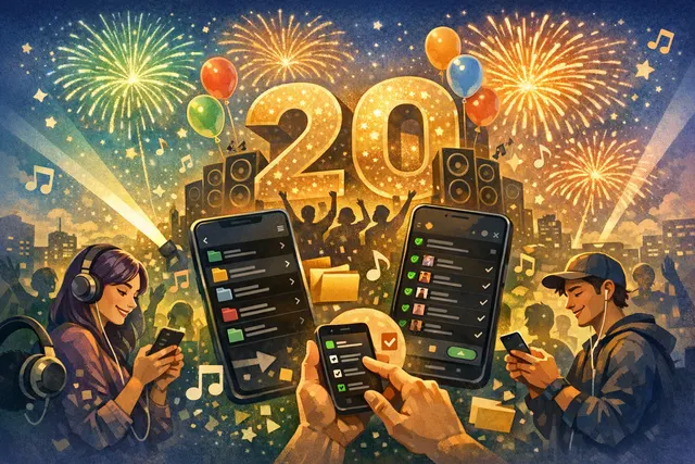 Spotify mobile app interface showing playlist folders and queue controls, representing the May 28, 2026 20th-anniversary feature update