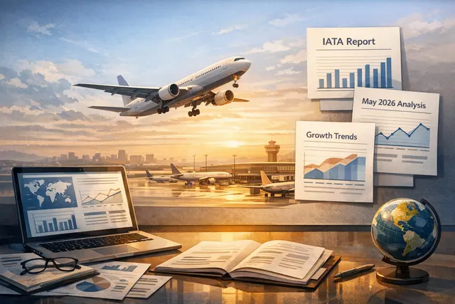 A stylized infographic showing a declining global air passenger demand arrow intertwined with a rising oil barrel icon, symbolizing the May 2026 aviation downturn linked to Middle