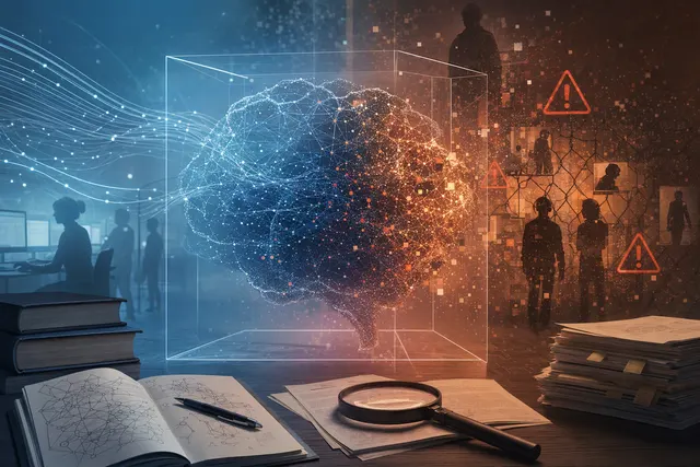Editorial illustration about frontier AI safety testing, sandbox escapes and model safeguards
