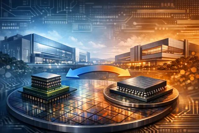 Illustration of an HBM4E memory stack connected to an AI accelerator through advanced semiconductor packaging