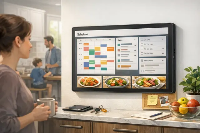 Touchscreen household calendar displaying color-coded schedules, chores, meals, and shopping lists
