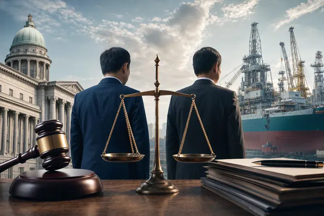 AI-generated editorial illustration accompanying the Sembcorp Marine Brazil corruption case