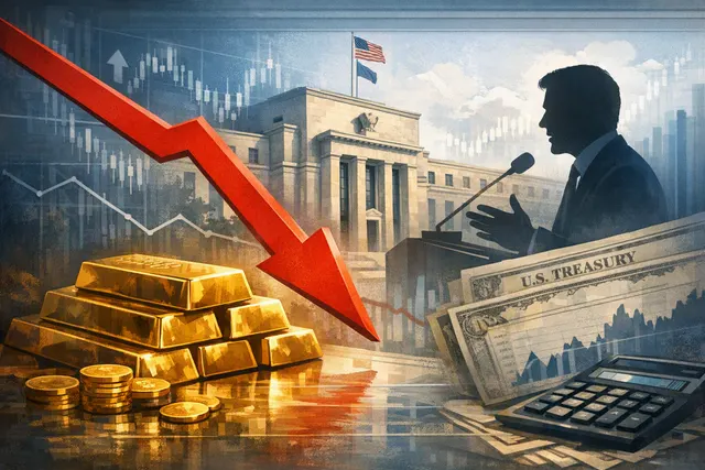 Gold bars and market charts illustrating a selloff after a hawkish Federal Reserve speech