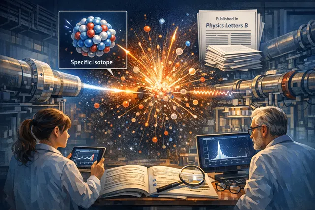 Artistic visualization of nuclear fission fragments emitting high-energy gamma rays, representing the gamma bump mystery solved at GANIL.