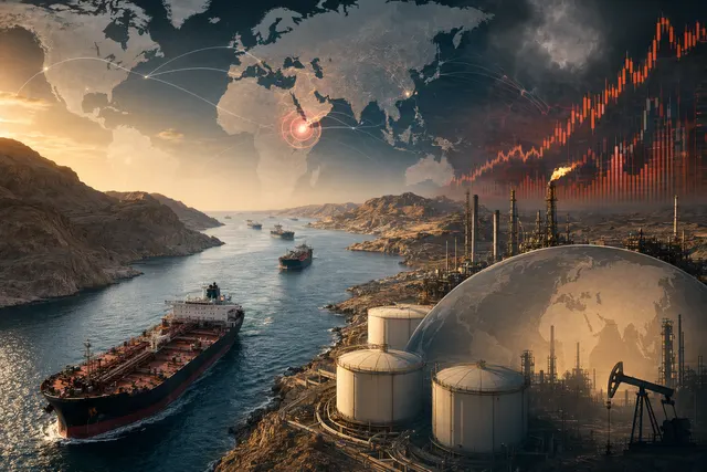 Illustration of oil tankers and energy trade passing through the Strait of Hormuz during a global energy crisis
