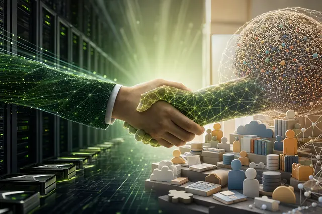Editorial illustration representing Nvidia’s proposed acquisition of Hugging Face and the open AI developer ecosystem