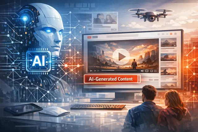A YouTube interface showing a prominent 'AI-generated' label directly beneath a video player and as an overlay on a Shorts video