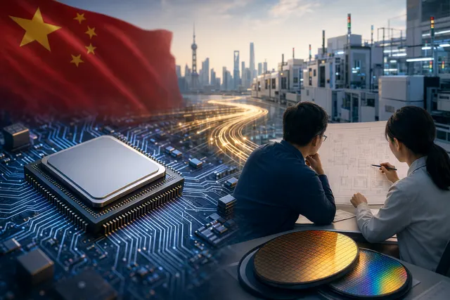 Conceptual illustration of China’s semiconductor strategy showing a Loongson CPU and mature-node chip manufacturing focus