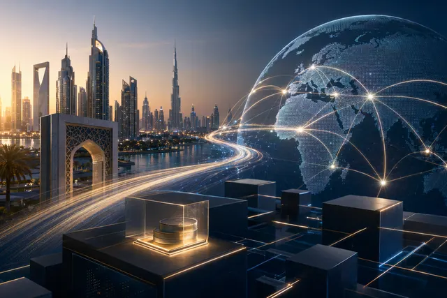 Illustration of global payment rails connecting stablecoins and GCC financial infrastructure
