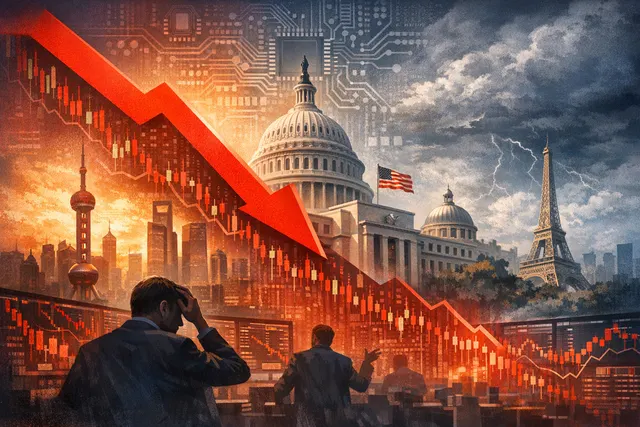 A downward trending stock chart overlaid on semiconductor chip imagery, illustrating the global selloff in technology and AI stocks in June 2026.