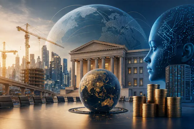 Editorial illustration of AI data-center infrastructure and financial markets competing for investment capital