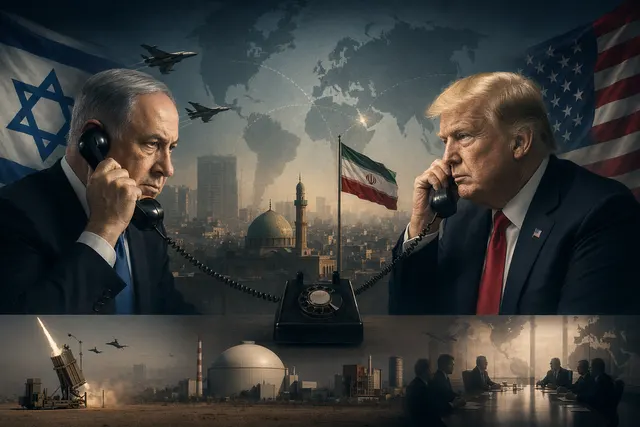Illustration representing strategic phone call between U.S. and Israeli leaders amid Iran war tensions