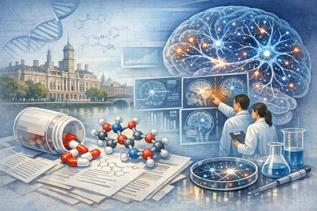 AI-generated illustration of a molecular model representing the retinoic acid receptor beta agonist KCL-286 interacting with a neural cell, symbolizing DNA repair and neuroinflamma