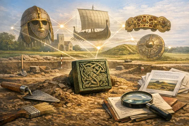 An AI-generated editorial illustration showing the Sutton Hoo helmet alongside the small copper-alloy die stamp found in Lynsted, Kent, symbolizing the new discoveries challenging
