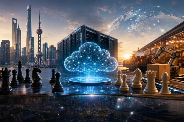 Conceptual illustration representing Alibaba’s ecosystem of e‑commerce, cloud computing, AI, and logistics platforms