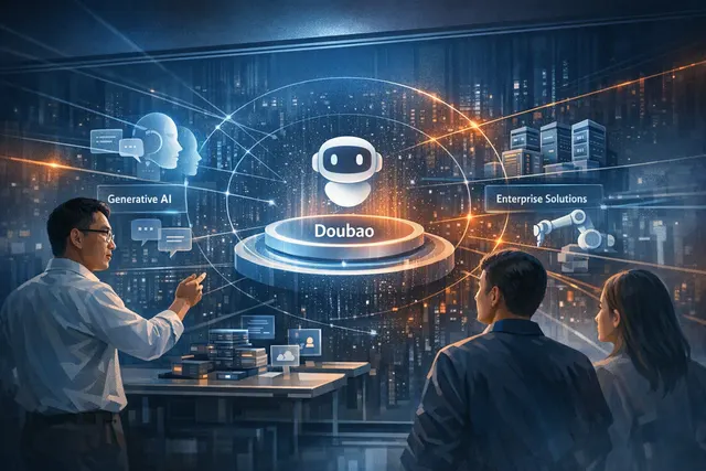 Abstract editorial illustration of ByteDance’s Doubao AI platform connecting enterprise software, cloud infrastructure, and workplace agents