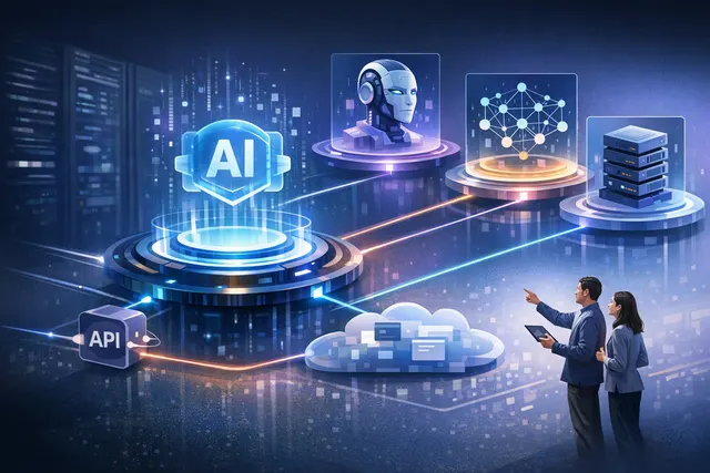 Abstract illustration of a desktop AI assistant connecting multiple cloud and local language models