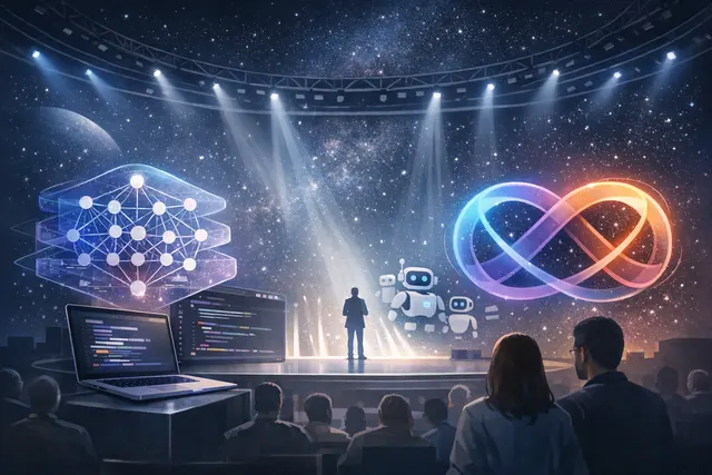 Abstract editorial illustration representing Apple's WWDC 2026 developer AI tools, the Foundation Models framework, and the Google Gemini partnership for the Xcode and iOS platform