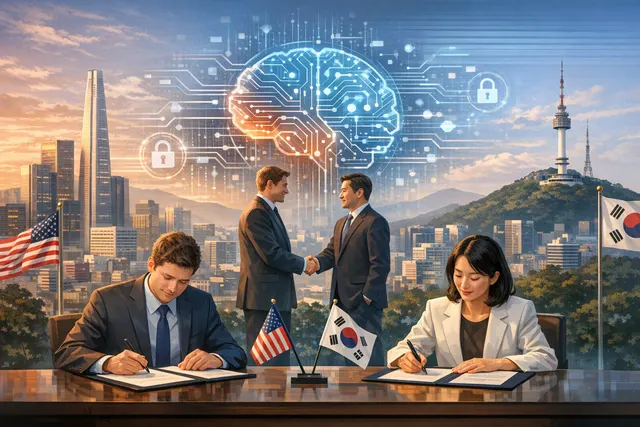 Anthropic's Seoul office opening announcement alongside a visual representation of AI models and global connections, symbolizing the tension between international AI expansion and