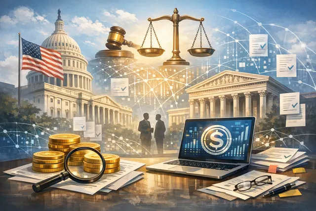 An abstract illustration of a regulatory countdown clock and a balance scale, symbolizing stablecoin regulation deadlines in the U.S. and UK.