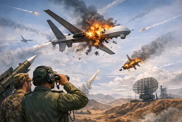 Iran's air defense operations against U.S. and Israeli drones during the 2026 conflict, with radar and missile systems engaging aerial targets at night