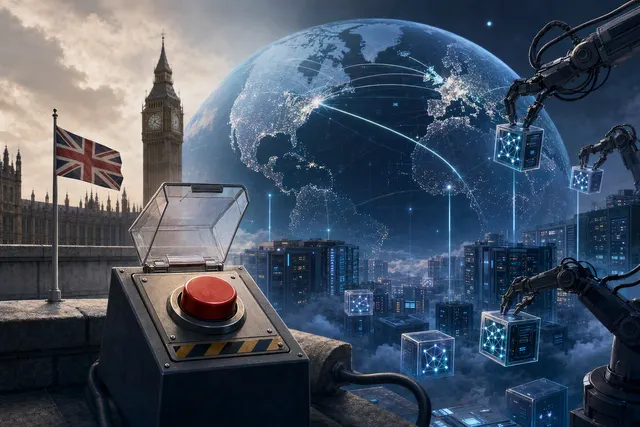 Illustration representing the UK debate over emergency controls for dangerous artificial intelligence systems
