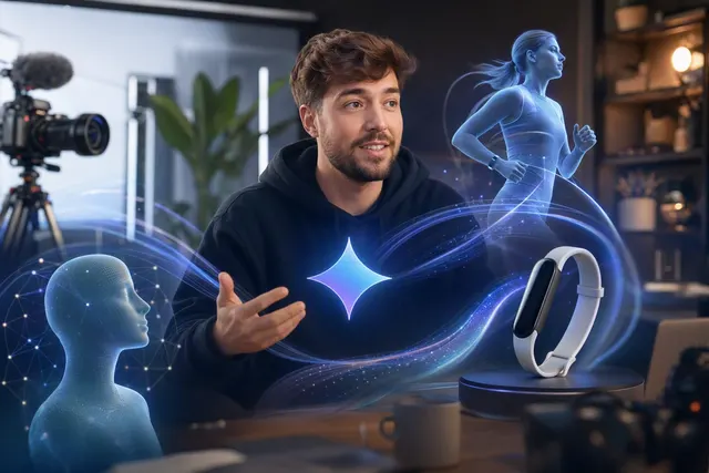 Editorial illustration of Google’s partnership with MrBeast featuring Gemini AI and extreme survival environments
