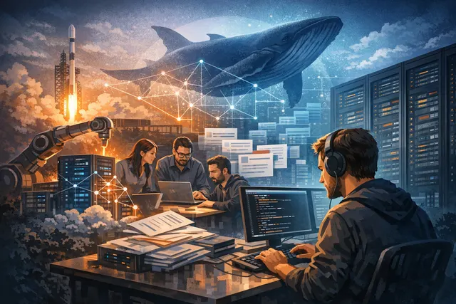 Illustration of AI code evaluation, showing human engineers reviewing code alongside a glowing AI agent interface, representing Project Marlin's human-in-the-loop training process