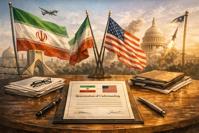 A conceptual image representing the June 2026 US-Iran memorandum of understanding, with the Strait of Hormuz, nuclear enrichment symbols, and diplomatic documents.