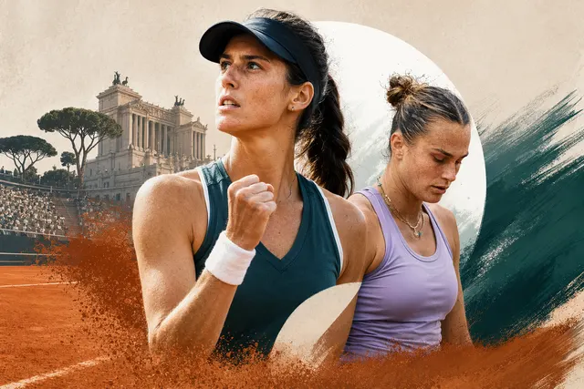 Stylized tennis scene representing Sorana Cirstea’s upset of Aryna Sabalenka at the Italian Open