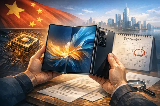 Editorial illustration of the rumored Xiaomi 18 Fold as a wide burgundy book-style foldable with a horizontal triple-camera bar
