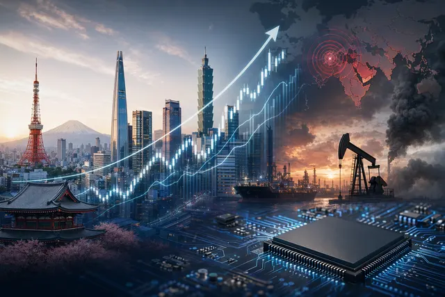 AI chip market screens and oil barrels symbolizing Asian equities rallying despite energy-price risk
