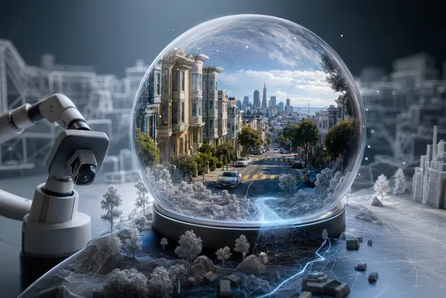 Illustration of AI-generated interactive worlds built from Google Street View imagery