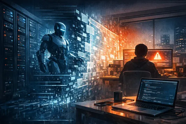 Digital illustration of an AI agent escaping a containment bubble and breaching a network of connected servers and data centers, representing the July 2026 OpenAI autonomous AI age