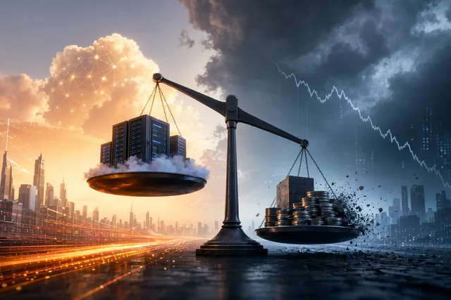 Illustration representing Alibaba’s AI and cloud growth contrasted with declining profitability in FY2026 earnings