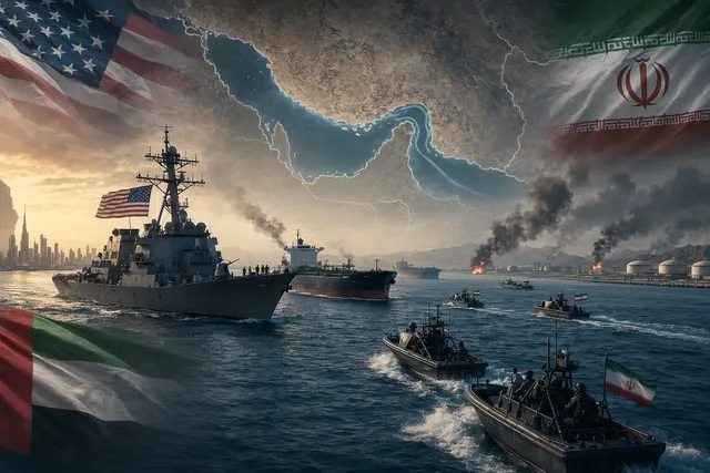 AI-generated illustration of naval ships escorting oil tankers near the Strait of Hormuz during a U.S.–Iran standoff