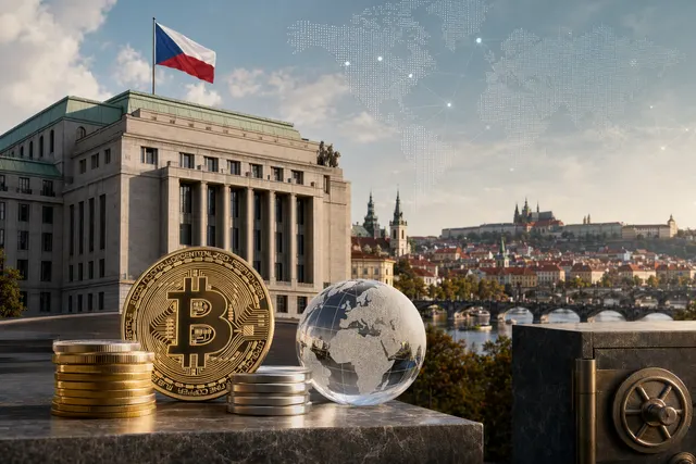 Ilustración editorial del Banco Nacional Checo evaluando Bitcoin como posible activo de reserva