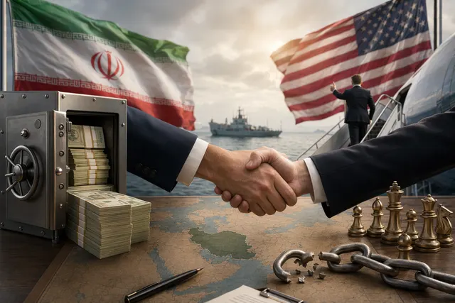 Illustration representing U.S.–Iran peace negotiations and tensions around the Persian Gulf