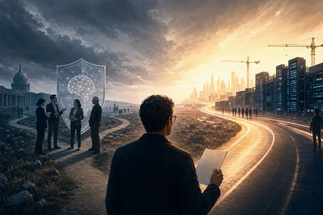 Editorial illustration of the competing forces shaping the frontier AI race